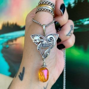 Celtic cat knot orange aura crystal steel necklace